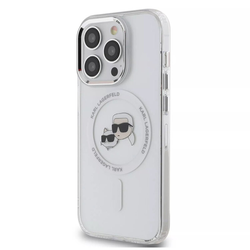 Husa iPhone 15 Pro Karl Lagerfeld IML MagSafe, Metal Karl&Choupette Head, alb, KLHMP15LHLSKCH
