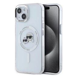 Husa iPhone 15 Karl Lagerfeld IML MagSafe, Metal Karl&Choupette Heads, alb, KLHMP15SHLSKCH