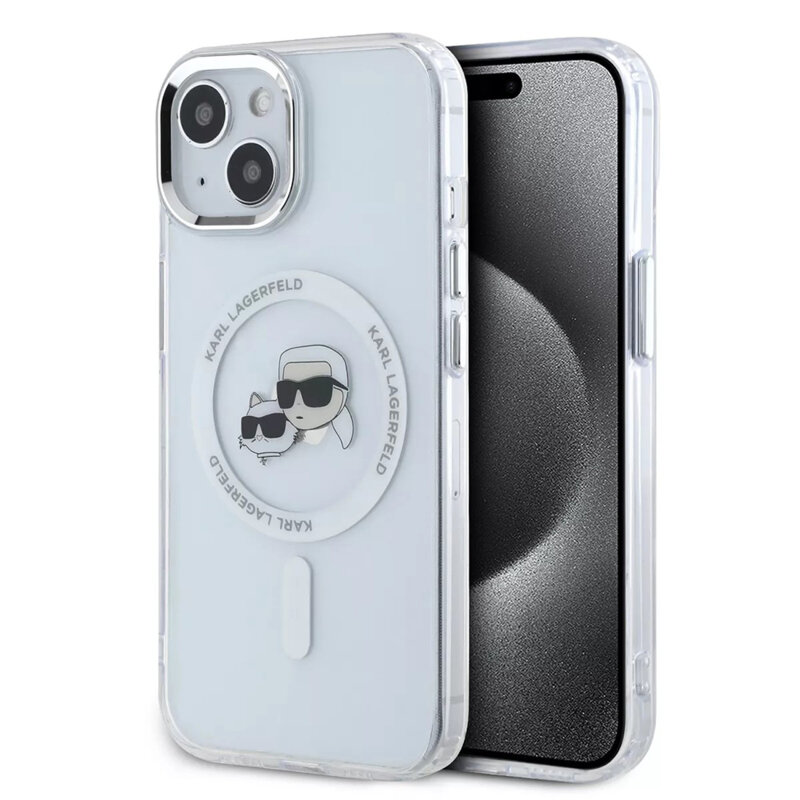 Husa iPhone 15 Karl Lagerfeld IML MagSafe, Metal Karl&Choupette Heads, alb, KLHMP15SHLSKCH