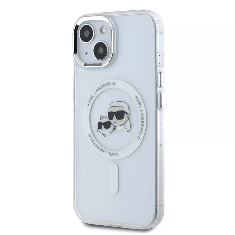 Husa iPhone 15 Karl Lagerfeld IML MagSafe, Metal Karl&Choupette Heads, alb, KLHMP15SHLSKCH