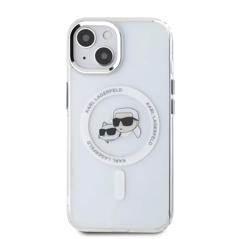 Husa iPhone 15 Karl Lagerfeld IML MagSafe, Metal Karl&Choupette Heads, alb, KLHMP15SHLSKCH
