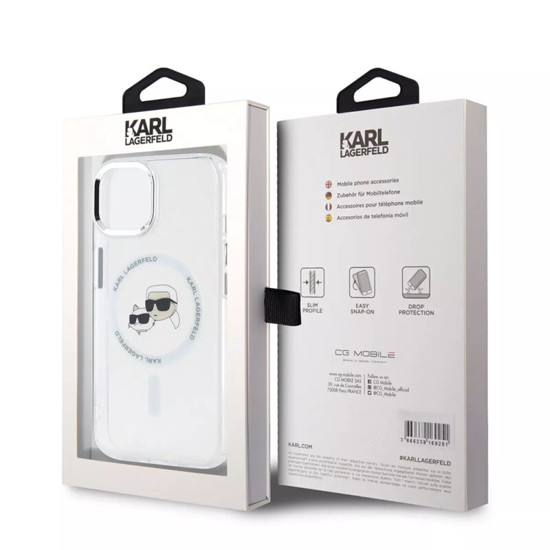 Husa iPhone 15 Karl Lagerfeld IML MagSafe, Metal Karl&Choupette Heads, alb, KLHMP15SHLSKCH