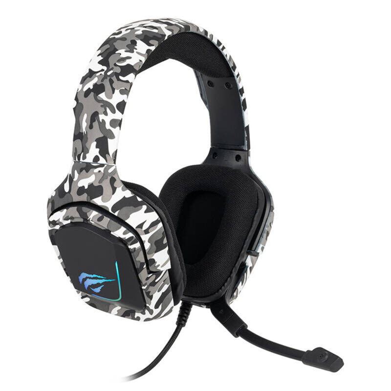Casti gaming cu fir Havit, microfon, alb camuflaj H653d