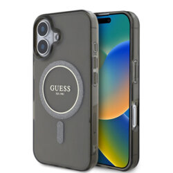 Husa iPhone 16 Plus originala Guess IML Glitter Circle MagSafe, negru, GUHMP16MHFGEREK