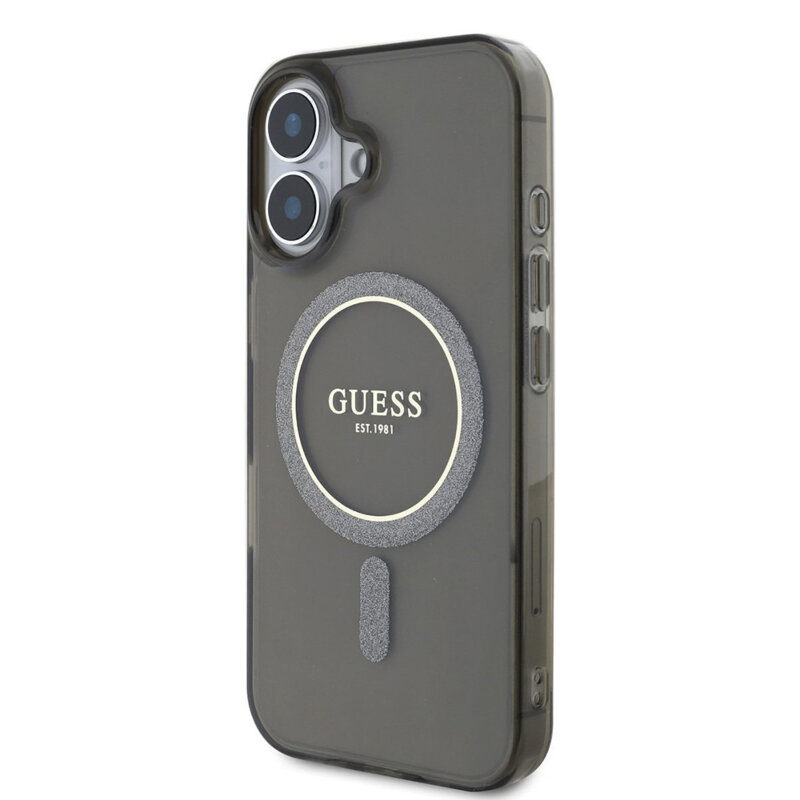 Husa iPhone 16 Plus originala Guess IML Glitter Circle MagSafe, negru, GUHMP16MHFGEREK