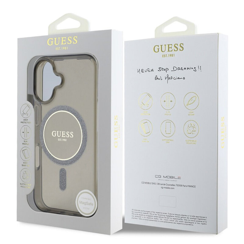 Husa iPhone 16 Plus originala Guess IML Glitter Circle MagSafe, negru, GUHMP16MHFGEREK