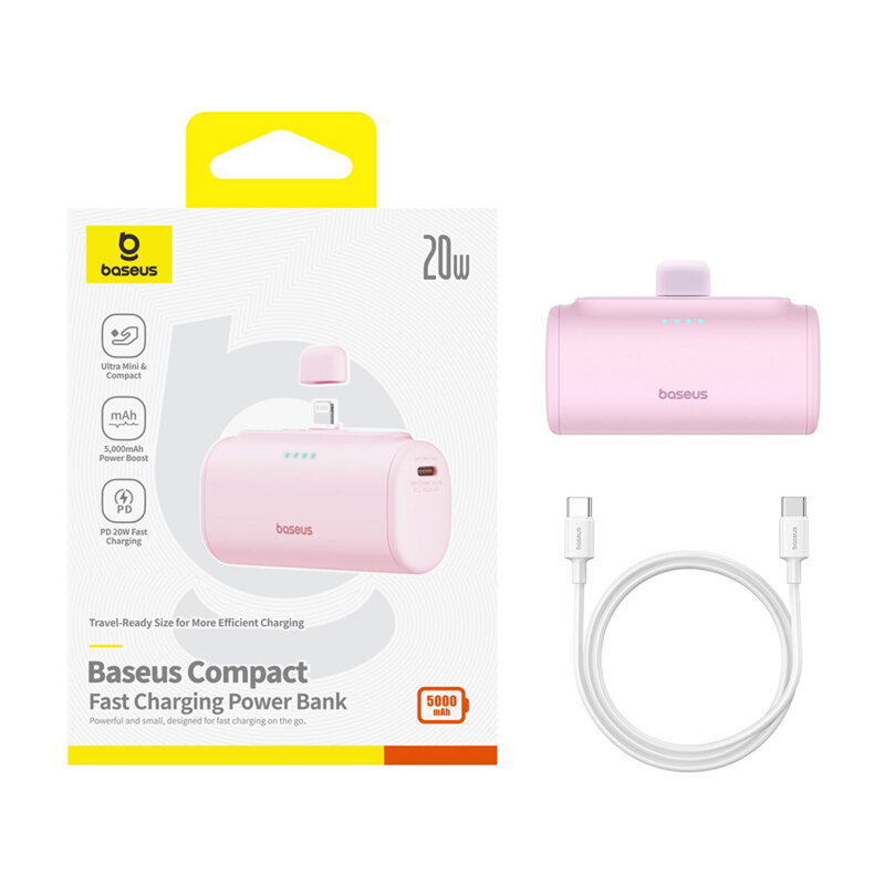 Baterie externa telefon Lightning Baseus, roz, 20W, 5000mAh