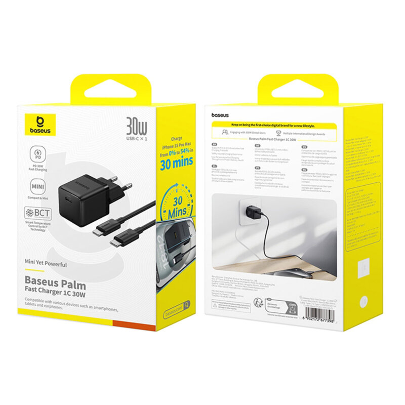 Incarcator Type-C Fast Charge + cablu Type-C Baseus Palm, negru P10111605113-01