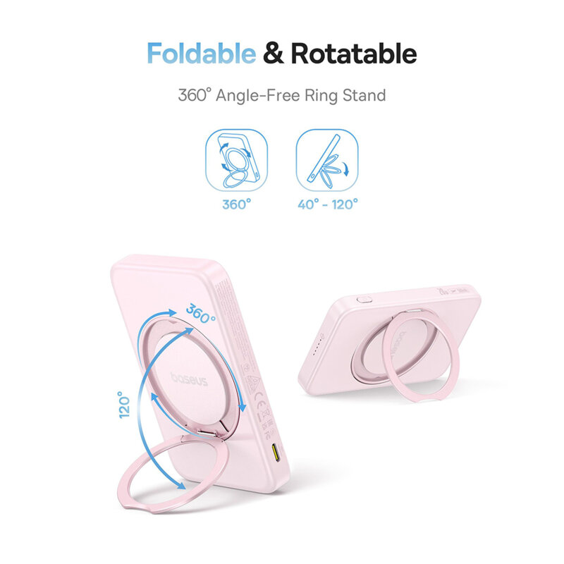 Baterie externa telefon Type-C Qi2 20W Baseus, 5000mAh, roz