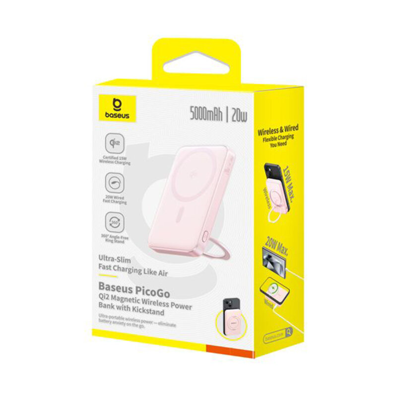 Baterie externa telefon Type-C Qi2 20W Baseus, 5000mAh, roz