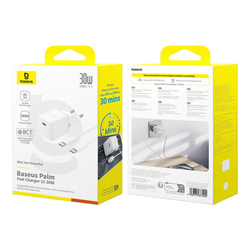 Incarcator Type-C Fast Charge + cablu Type-C Baseus Palm, alb P10111605213-01