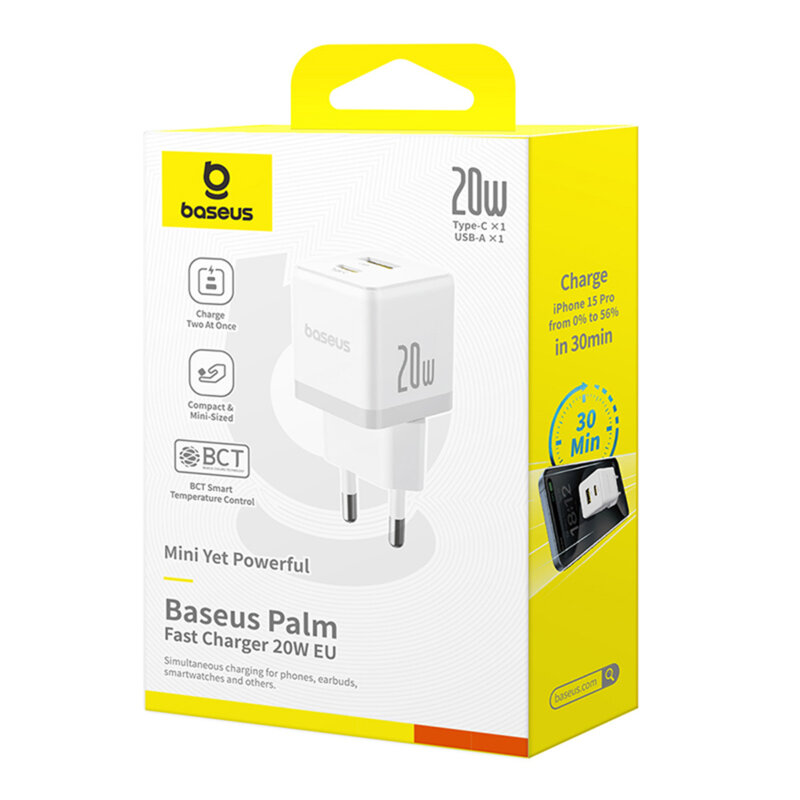 Incarcator priza Fast Charge 2in1 + cablu Type-C Baseus, alb P10111608213-01