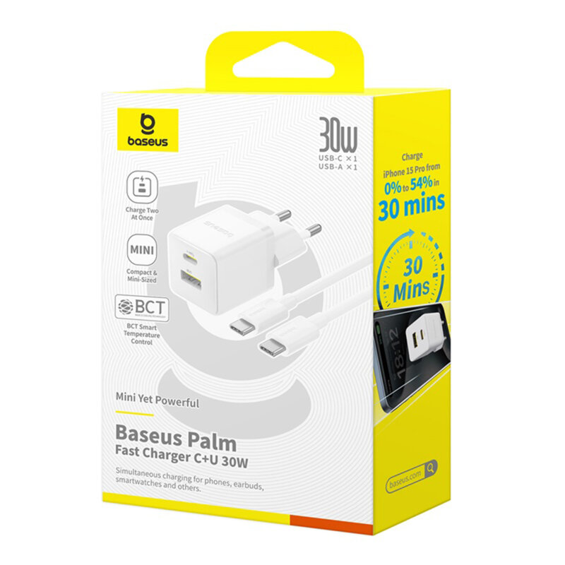 Incarcator Fast Charge Type-C, 30W + cablu Type-C Baseus, alb, P1011160A213-01