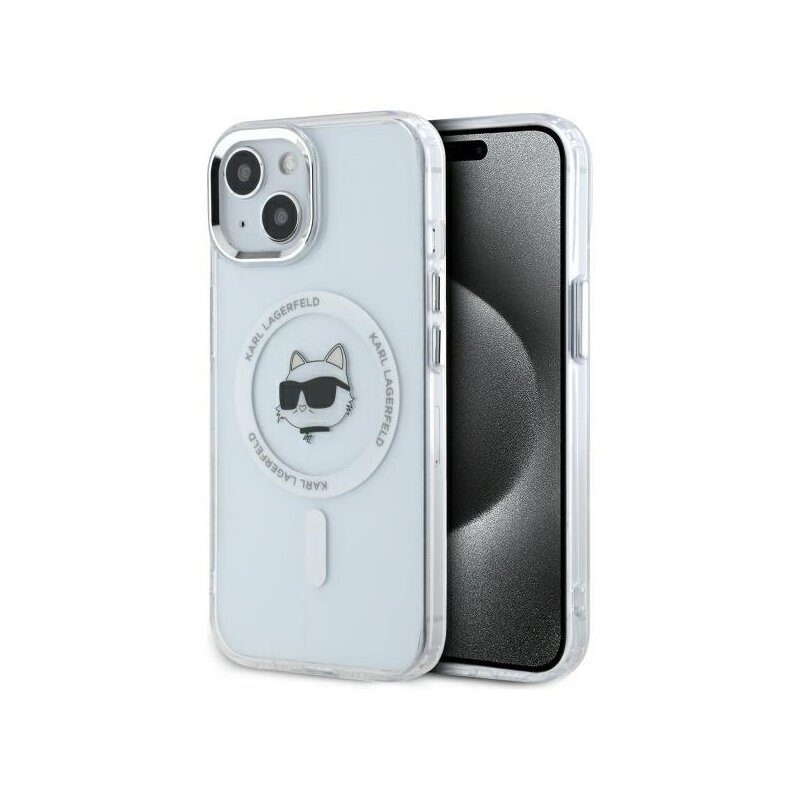 Husa iPhone 15 Plus Karl Lagerfeld IML MagSafe, Metal Choupette`s Head, alb, KLHMP15MHLSCHH