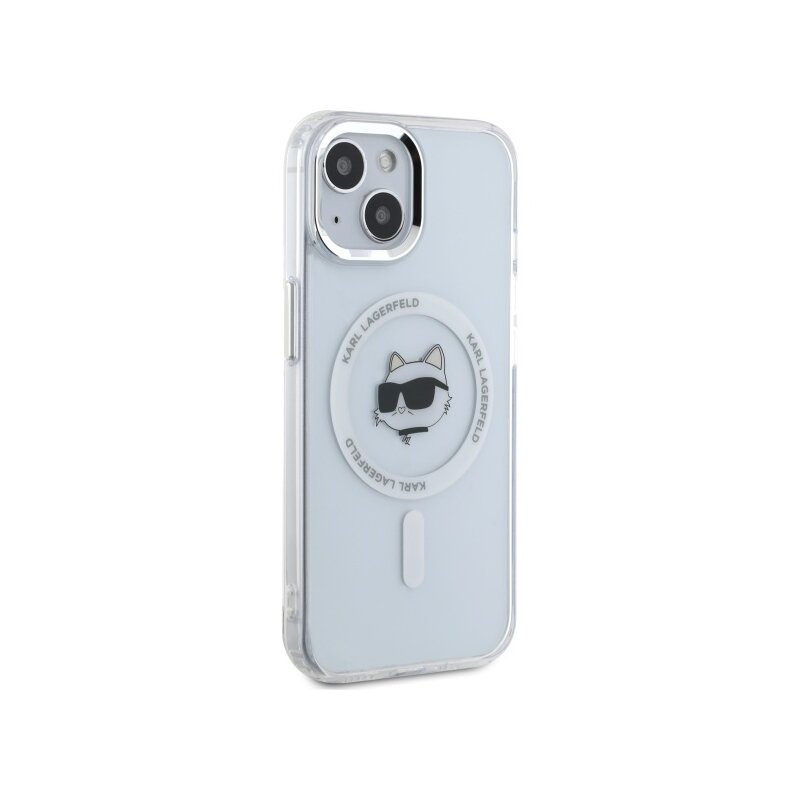 Husa iPhone 15 Plus Karl Lagerfeld IML MagSafe, Metal Choupette`s Head, alb, KLHMP15MHLSCHH