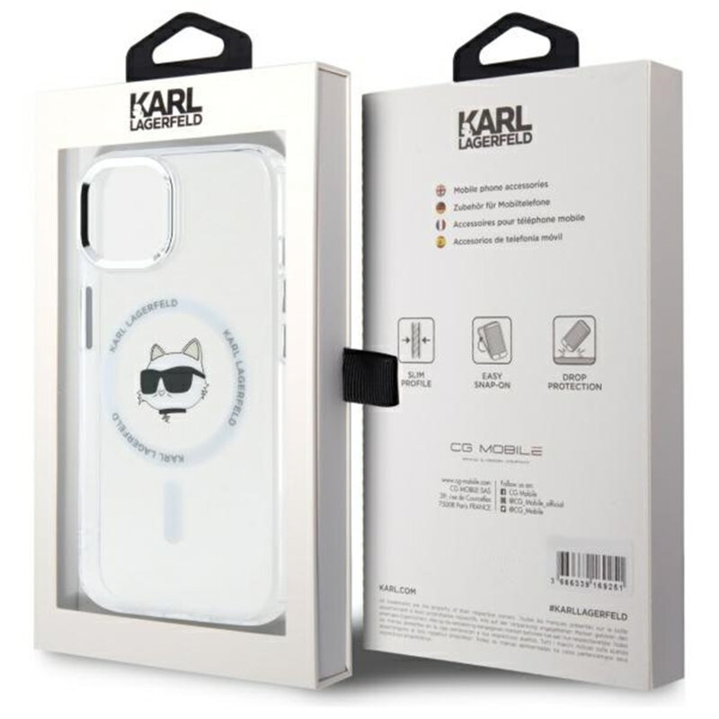 Husa iPhone 15 Plus Karl Lagerfeld IML MagSafe, Metal Choupette`s Head, alb, KLHMP15MHLSCHH