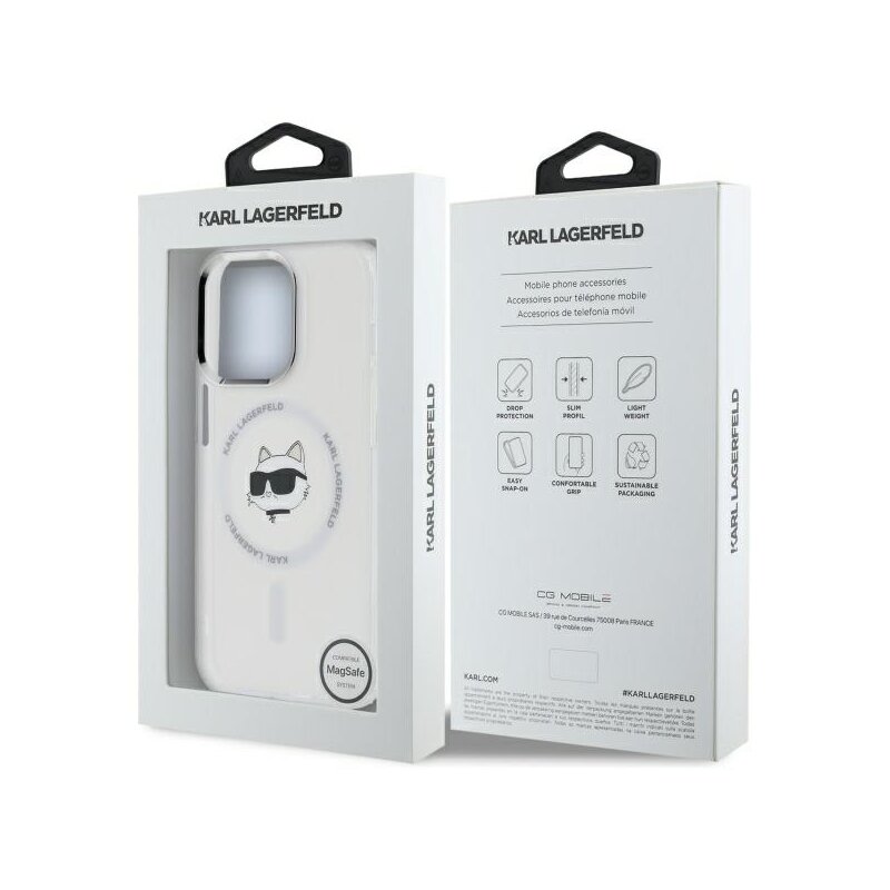 Husa iPhone 13 Pro Karl Lagerfeld IML MagSafe, Metal Choupette`s Head, alb, KLHMP13LHLSCHH