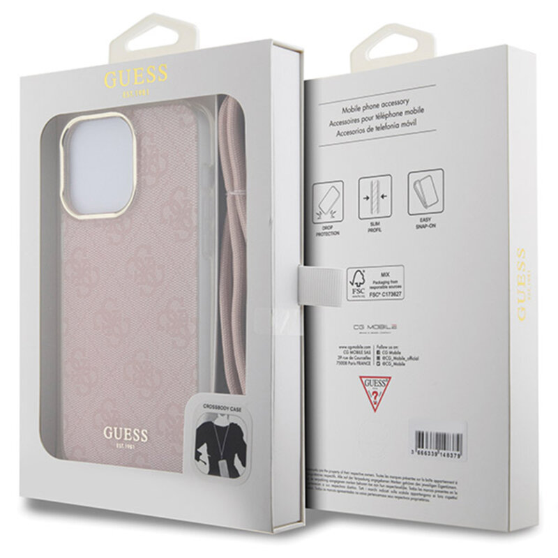Husa Guess Crossbody Cord 4G Print iPhone 16, roz, GUHCP16SHC4SEP