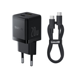 Incarcator Type-C Fast Charge 2in1 + cablu Type-C Baseus, negru, P10111608113-01
