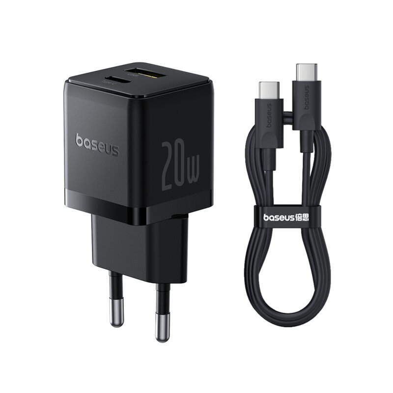 Incarcator Type-C Fast Charge 2in1 + cablu Type-C Baseus, negru, P10111608113-01