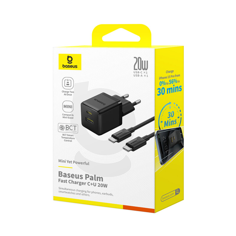 Incarcator Type-C Fast Charge 2in1 + cablu Type-C Baseus, negru, P10111608113-01