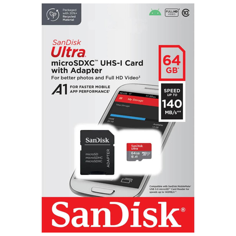 Card memorie 64GB + adaptor MicroSD SanDisk, SDSQUAB-064G-GN6MA