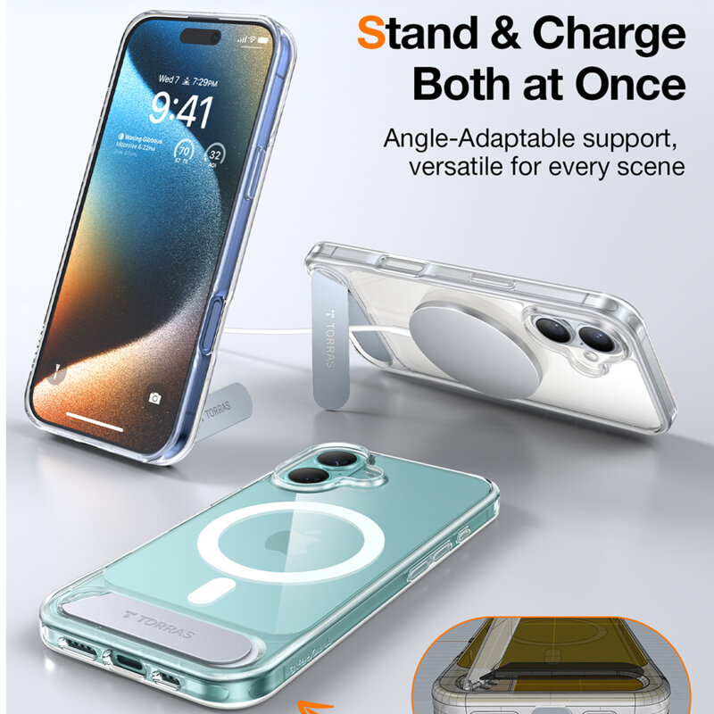 Husa iPhone 16 Plus Torras Pstand MagSafe, transparenta