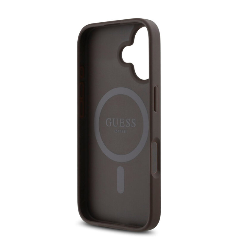Husa originala Guess iPhone 16 Hardcase 4G Classic MagSafe, maro, GUHMP16SP4SM4MW