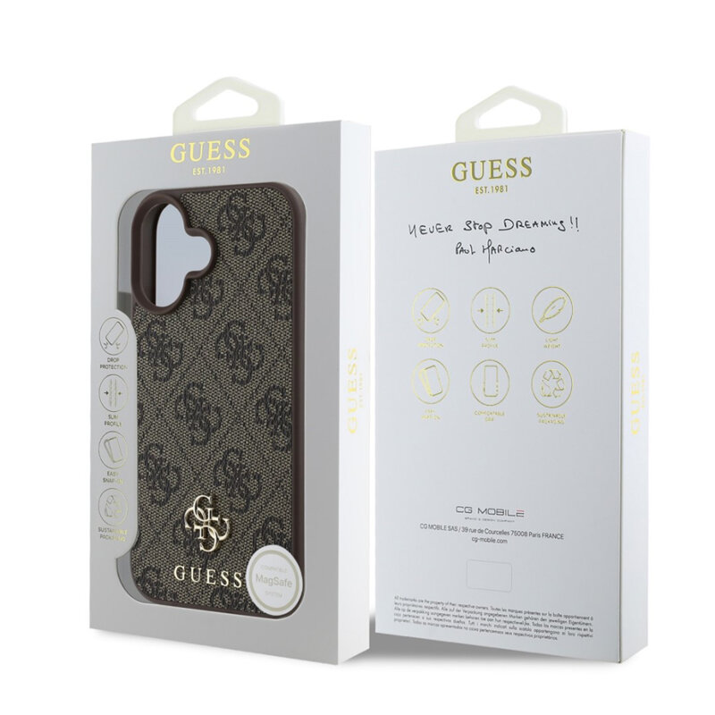 Husa originala Guess iPhone 16 Hardcase 4G Classic MagSafe, maro, GUHMP16SP4SM4MW