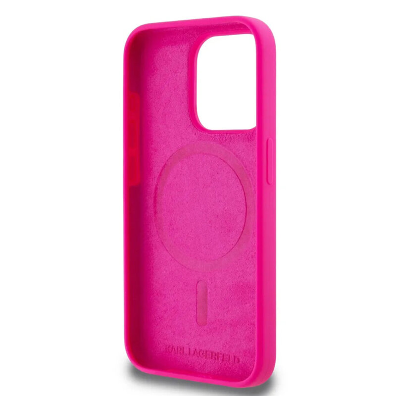 Husa Karl Lagerfeld iPhone 15 Silicone MagSafe, fucsia, Karl`s Head, KLHMP15SSKHPPLF