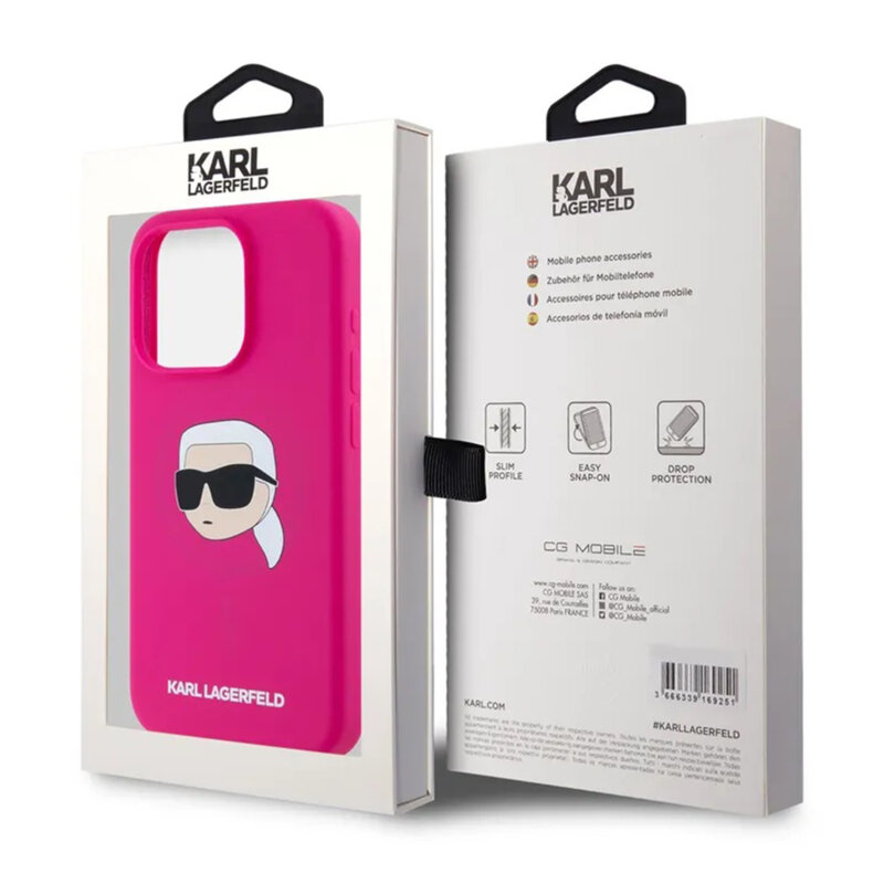 Husa Karl Lagerfeld iPhone 15 Silicone MagSafe, fucsia, Karl`s Head, KLHMP15SSKHPPLF
