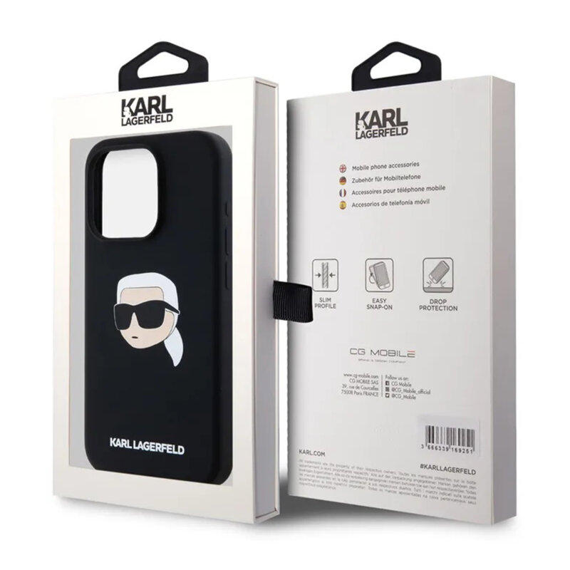 Husa Karl Lagerfeld iPhone 15 Pro Silicone MagSafe, negru, Karl`s Head, KLHMP15LSKHPPLK