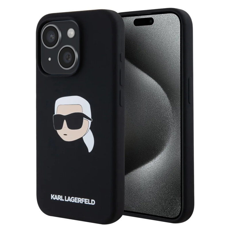Husa Karl Lagerfeld iPhone 15 Silicone MagSafe, negru, Karl`s Head, KLHMP15SSKHPPLK