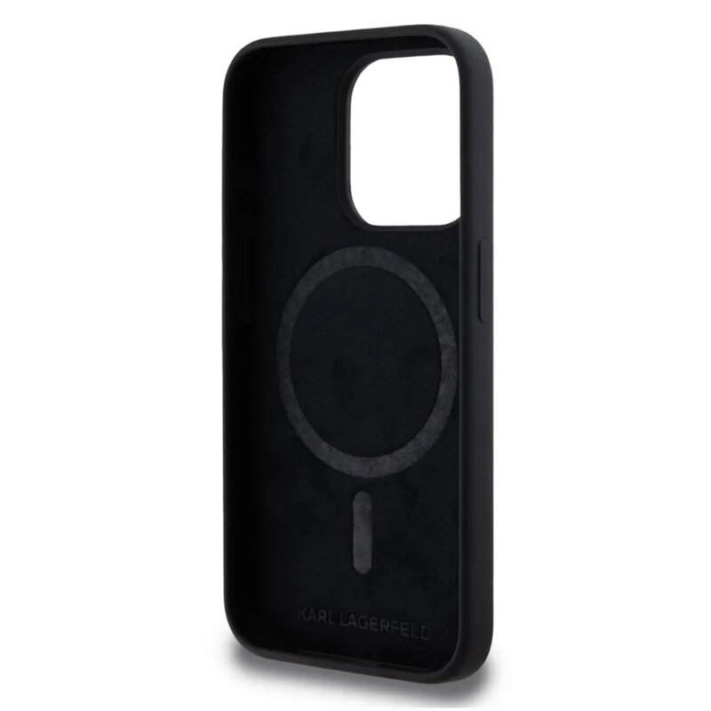 Husa Karl Lagerfeld iPhone 15 Silicone MagSafe, negru, Karl`s Head, KLHMP15SSKHPPLK