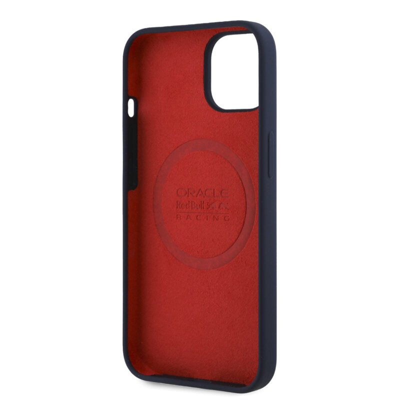 Husa iPhone 15 Red Bull Racing Silicone Horizontal Centered Logo MagSafe, albastru inchis, RBHMP15S24SIHSRV