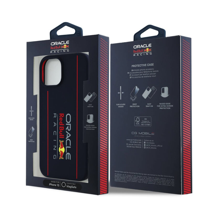 Husa iPhone 15 Red Bull Racing Silicone Oversize Vertical Logo MagSafe, bleumarin, RBHMP15S24SIOLRV