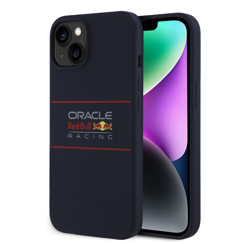 Husa iPhone 14 Red Bull Racing Silicone Horizontal Centered Logo MagSafe, albastru inchis, RBHMP14S24SIHSRV