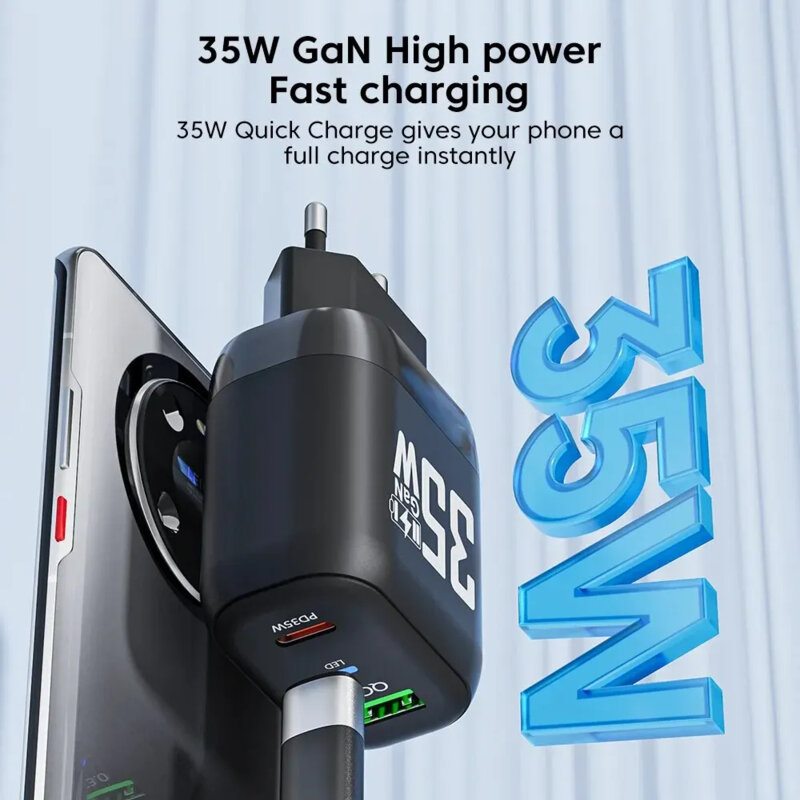 Incarcator priza GaN premium USB, Type-C, 35W Techsuit, negru, CHPD174