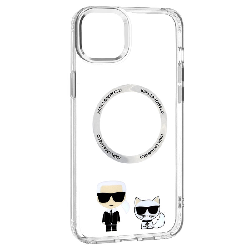 Husa iPhone 15 Plus Karl Lagerfeld Hardcase MagSafe, Karl & Choupette Aluminium, transparent, KLHMP14MHKCT