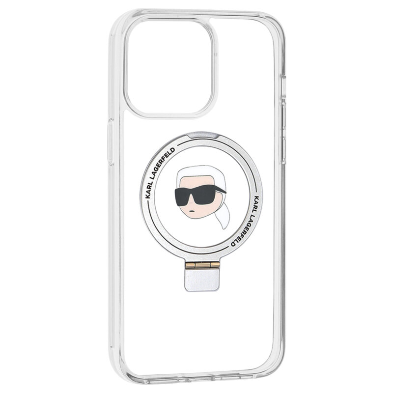 Husa iPhone 15 Pro Max Karl Lagerfeld Hardcase Ring Stand MagSafe, Karl Head, alb, KLHMP15XHMRSKHH