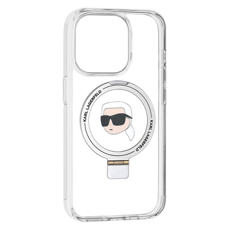 Husa iPhone 15 Pro Karl Lagerfeld Hardcase Ring Stand MagSafe, Karl Head, alb, KLHMP15LHMRSKHH