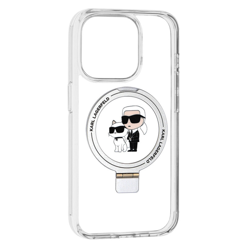 Husa iPhone 15 Pro Karl Lagerfeld Hardcase Ring Stand MagSafe, Karl&Choupette, alb, KLHMP15LHMRSKCH