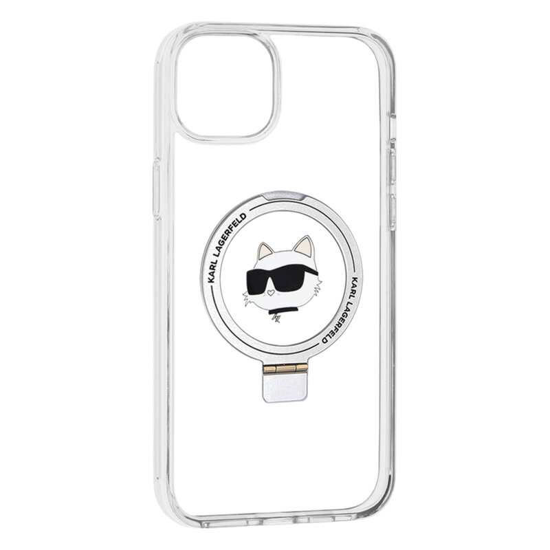 Husa iPhone 15 Plus Karl Lagerfeld Hardcase Ring Stand MagSafe, Choupette Head, alb, KLHMP15MHMRSCHH