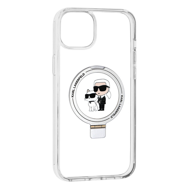 Husa iPhone 15 Plus Karl Lagerfeld Hardcase Ring Stand MagSafe, Karl&Choupette, alb, KLHMP15MHMRSKCH