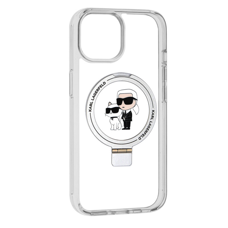 Husa iPhone 15 Karl Lagerfeld Hardcase Ring Stand MagSafe, Karl&Choupette, alb, KLHMP15SHMRSKCH