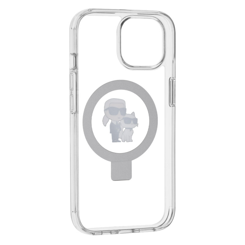 Husa iPhone 15 Karl Lagerfeld Hardcase Ring Stand MagSafe, Karl&Choupette, alb, KLHMP15SHMRSKCH