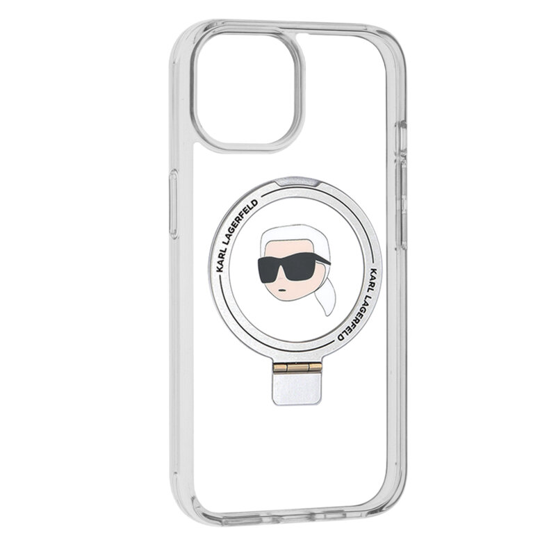 Husa iPhone 15 Karl Lagerfeld Hardcase Ring Stand MagSafe, Karl Head, alb, KLHMP15SHMRSKHH