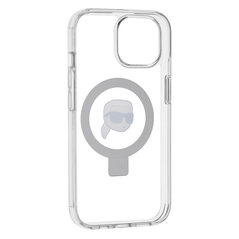 Husa iPhone 15 Karl Lagerfeld Hardcase Ring Stand MagSafe, Karl Head, alb, KLHMP15SHMRSKHH