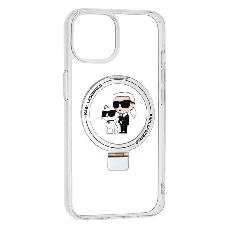 Husa iPhone 14 Karl Lagerfeld Hardcase Ring Stand MagSafe, Karl&Choupette, alb, KLHMP14SHMRSKCH