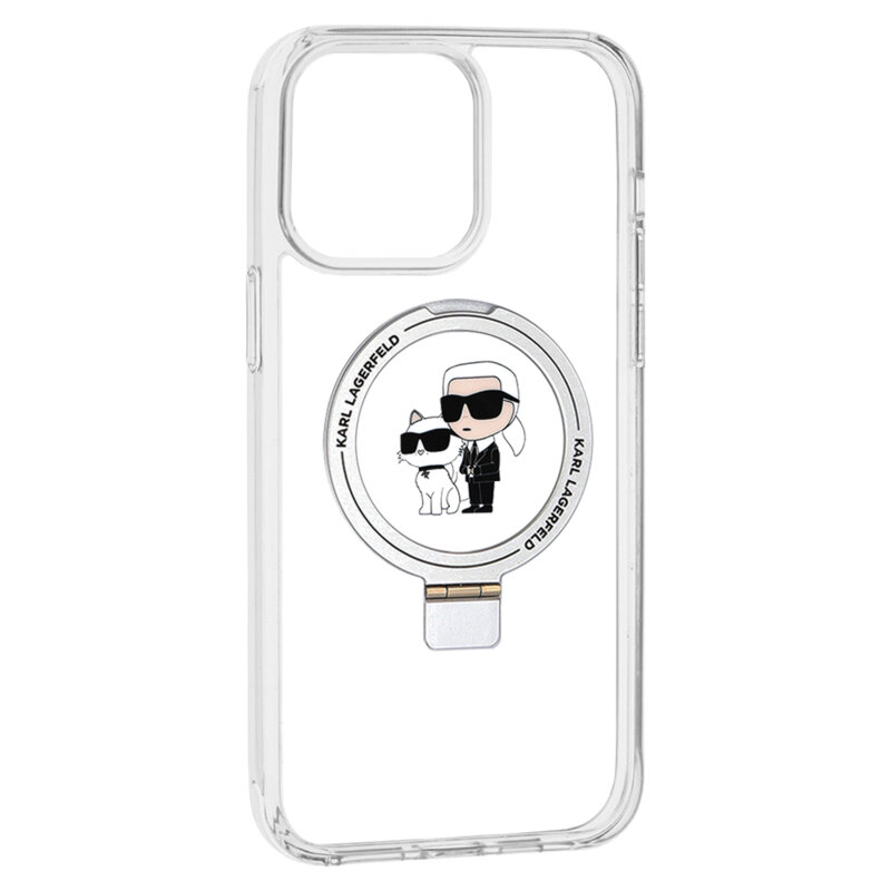 Husa iPhone 14 Pro Max Karl Lagerfeld Hardcase Ring Stand MagSafe, Karl&Choupette, alb, KLHMP14XHMRSKCH